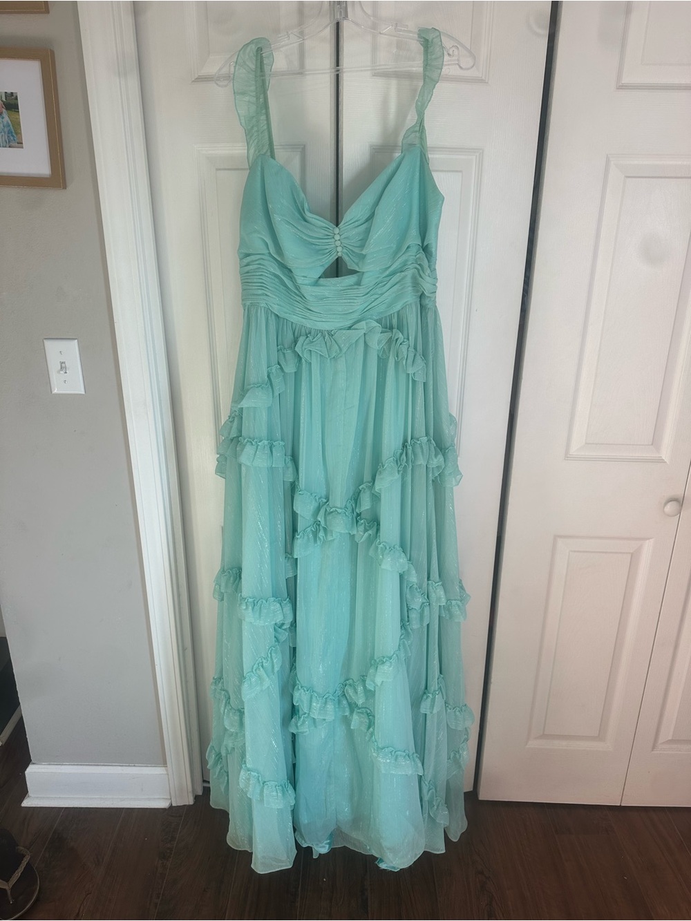 Mac Duggal Light Aqua Ruffled Chiffon Maxi Dress
